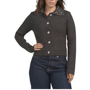 ENDLESS ROSE Dark Grey Faux Pearl Embellished Collared Cardigan